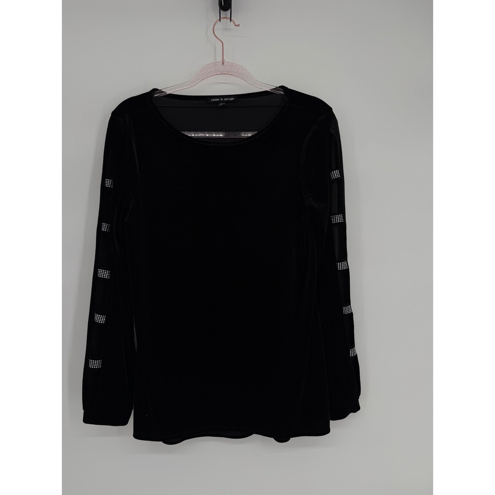 Cable & Gauge Womens Black Velvet Rhinestone Cutout Sleeve Blouse Top Medium